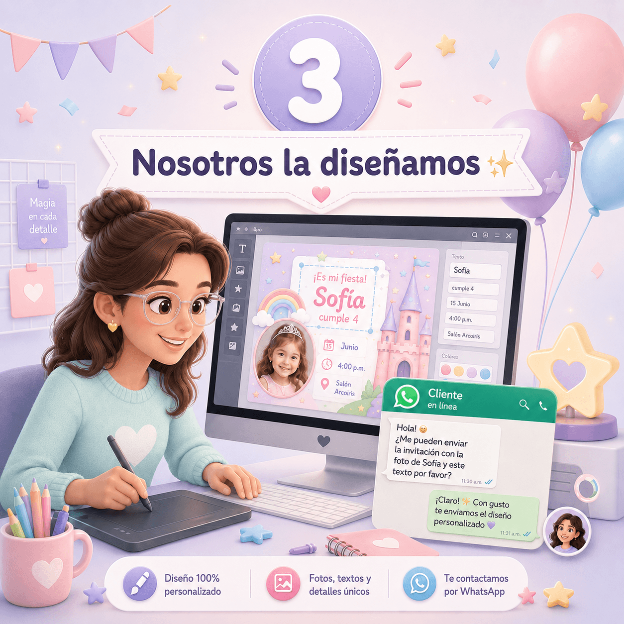 Diseñadora personalizando tu Invitación Kids